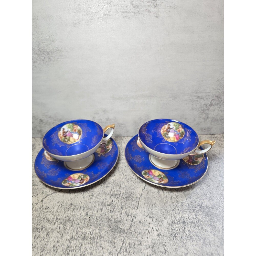 Handpainted Japan Blue Tea cup and Saucer  Garden W Gold Marriage 2 Sets 4pc